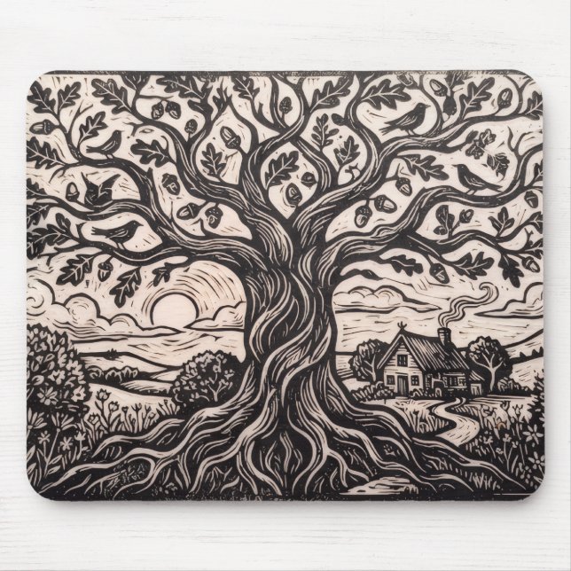 Rustic Woodcut Oak Tree Cottage Mousepad (Front)