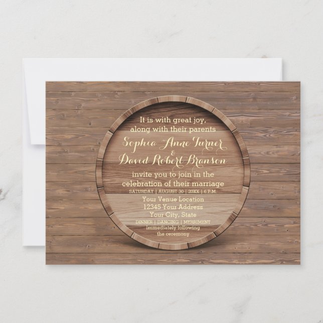 Rustic Wooden Barrel Wedding Invitation (Front)