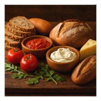 Rustic wooden board with artisan breads cheese
