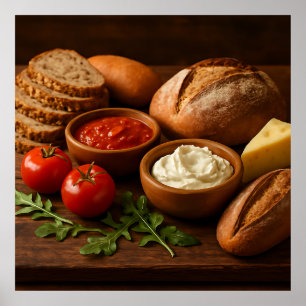 Rustic wooden board with artisan breads cheese poster