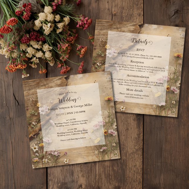 Rustic Wooden Bohemian Floral Wedding all in one  Invitation (Creator Uploaded)