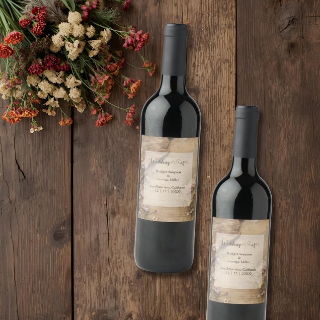 Rustic Wooden Bohemian Floral Wedding  Wine Label (Creator Uploaded)