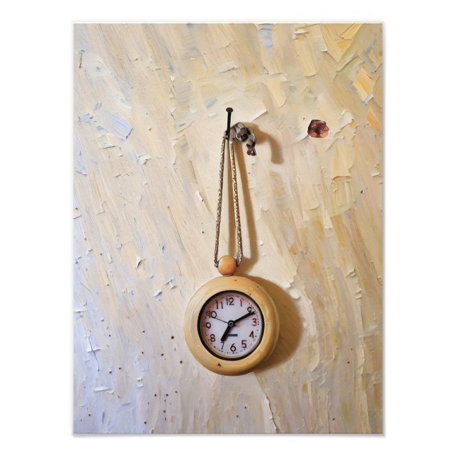 Rustic Wooden Clock Hanging on Rustic Texture Photo Print (Front)