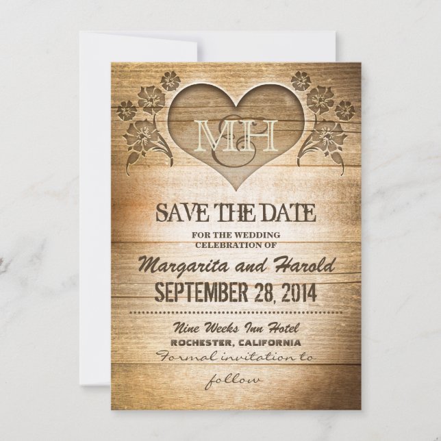 rustic wooden country save the date cards (Front)