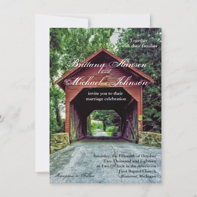 Rustic Wooden Covered Bridge Wedding Invitation (Front)