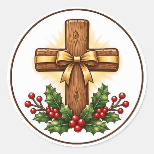 Rustic Wooden Cross Christmas Ornament Classic Round Sticker