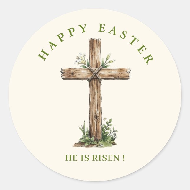 Rustic Wooden Cross He is risen Easter Classic Round Sticker (Front)