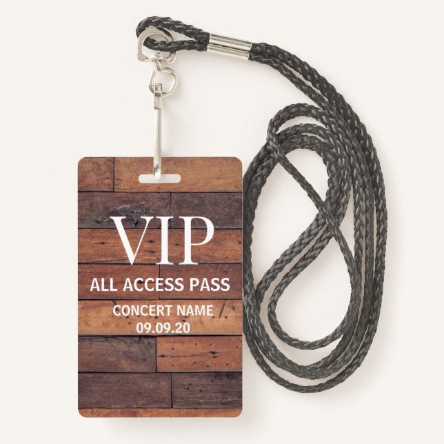 Rustic Wooden Custom Name VIP All Access Pass ID Badge (Front with Lanyard)