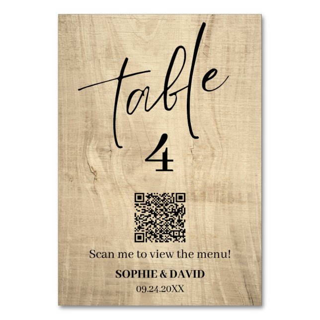 Rustic Wooden Custom QR Wedding Table Number (Front)
