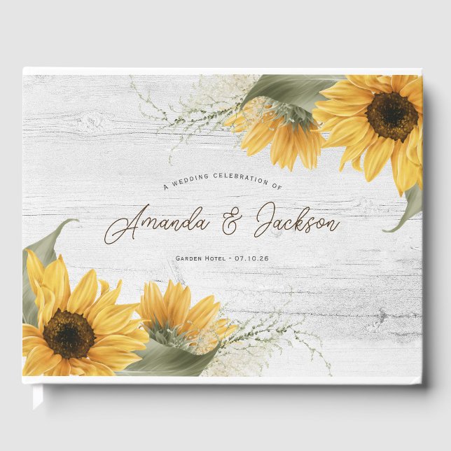 Rustic wooden elegant sunflower barn wedding guest book (Front)