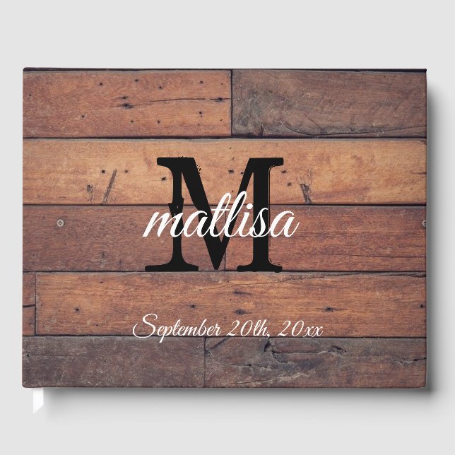 Rustic Wooden Farmhouse Country Monogram Wedding  Guest Book (Front)