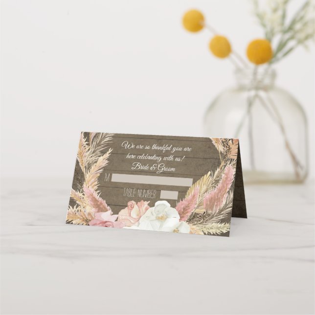 Rustic Wooden Floral Pampas Grass Tent Place Cards (Front)