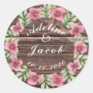 Rustic wooden floral script wedding stickers