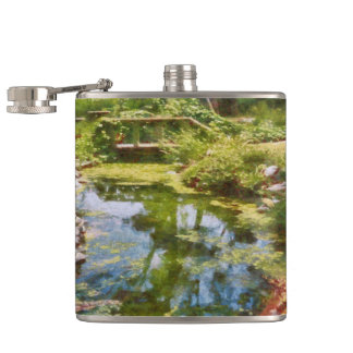 Rustic Wooden Footbridge Over A Creek Impressionis Hip Flask