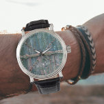 Rustic wooden gate and iron in blue, personalised  watch<br><div class="desc">Cool Watch for men! Old,  rustic wooden gate with wrought iron decorations in blue - detail photography by Marions Artwork. Great personalizable gift idea for every man!</div>