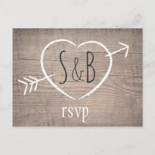 Rustic Wooden Heart Elegant Wedding RSVP Postcard