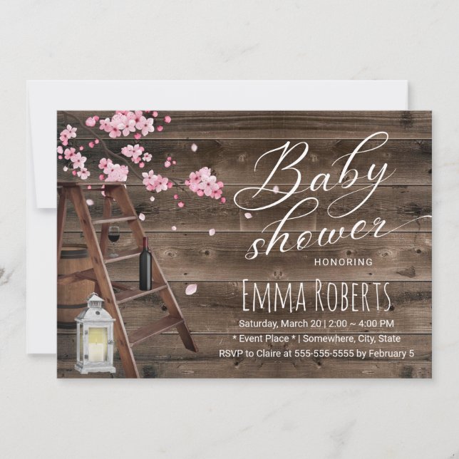 Rustic Wooden Ladder Cherry Blossom Baby Shower Invitation (Front)