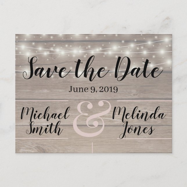 Rustic wooden lights Wedding Save the Date Postcard (Front)
