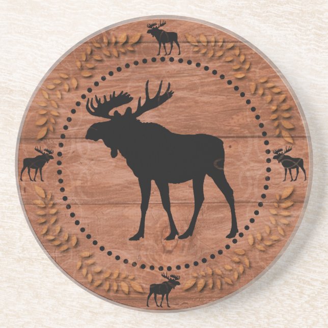 Rustic wooden moose circle sandstone coasters (Front)