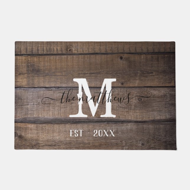 Rustic Wooden Pattern Monogram Script Name Custom Doormat (Front)