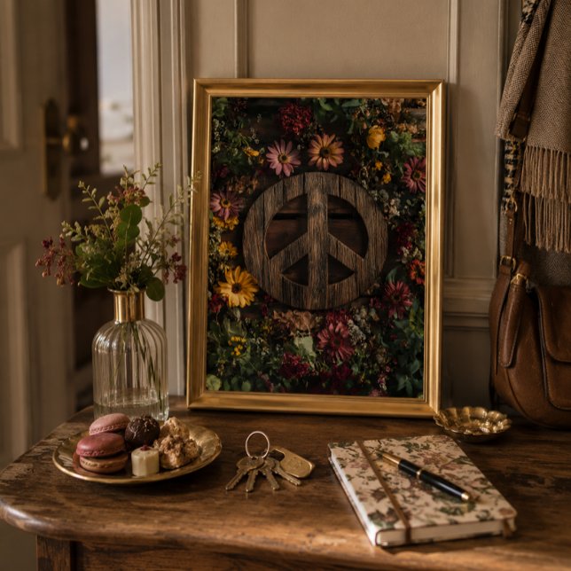 Rustic wooden peace sign with wildflowers (Welcoming entry table with framed peace artwork, flowers, sweet treats, keys, and daily essentials.)