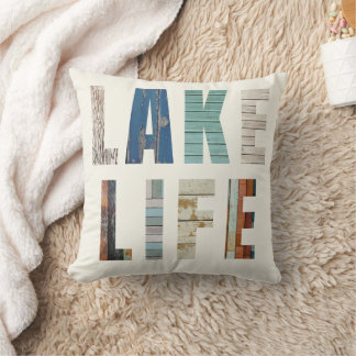 Rustic Wooden Planks "LAKE LIFE" Throw Pillow