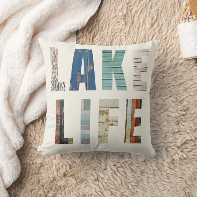 Rustic Wooden Planks "LAKE LIFE" Throw Pillow (Blanket)