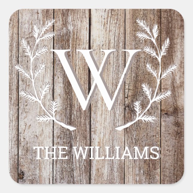 Rustic Wooden Planks Monogrammed Personalised Name Square Sticker (Front)