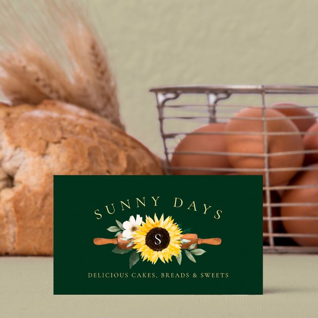 Rustic Wooden Rolling Pin Yellow Sunflower Bakery Business Card (Creator Uploaded)