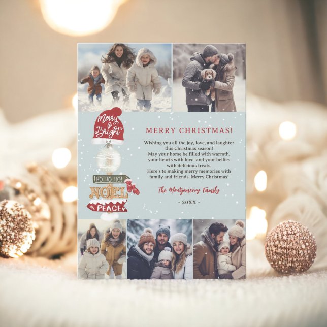 Rustic wooden sign script Christmas 5 photos Holiday Card (Rustic wooden sign script Christmas 5 photos Holiday Card on icy blue)