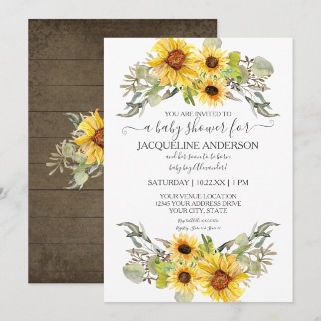 Rustic Wooden Sunflower Boy Baby Shower Watercolor Invitation (Front/Back)