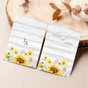 Rustic Wooden Sunflowers Monogram Floral Wedding Invitation