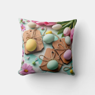Rustic wooden tags with painted Easter eggs Cushion