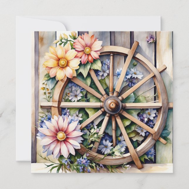 Rustic Wooden Wheel with Flowers  Card (Front)