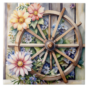 Rustic Wooden Wheel with Flowers Tile