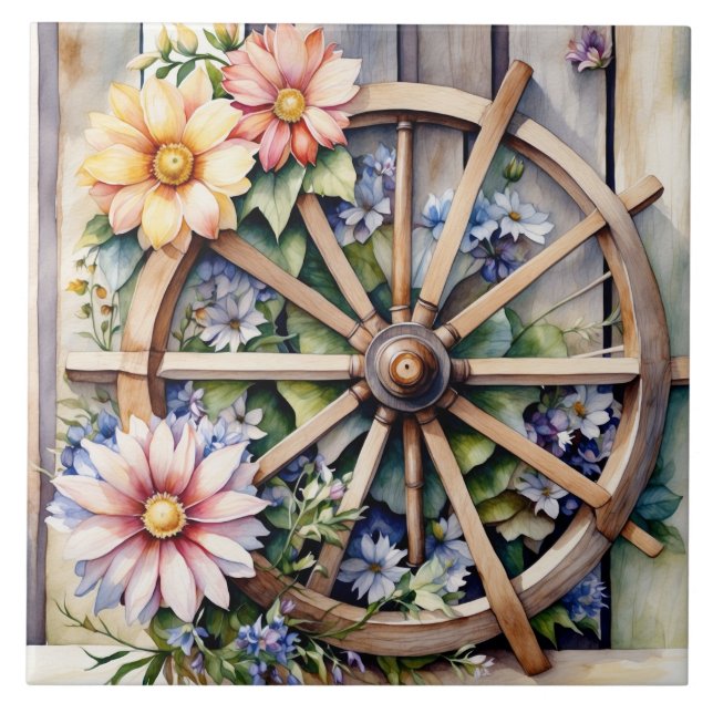 Rustic Wooden Wheel with Flowers  Tile (Front)