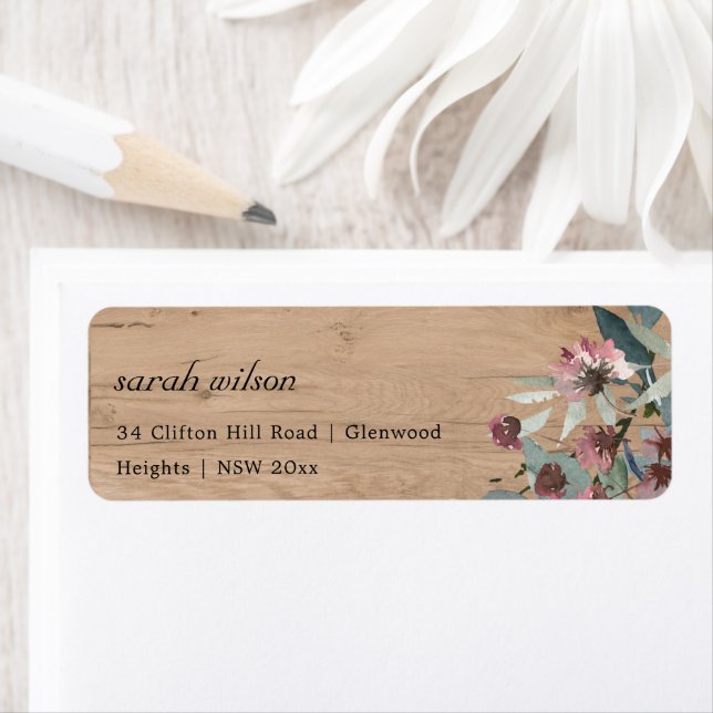 Rustic Wooden Wild Pink Eucalyptus Floral Address (Insitu)