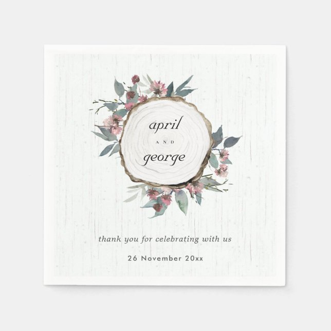 Rustic Wooden Wild Pink Eucalyptus Floral Wedding Napkin (Front)