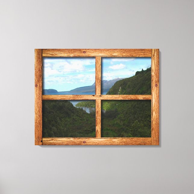 Rustic wooden window frame view of New Zealand Canvas Print (Front)