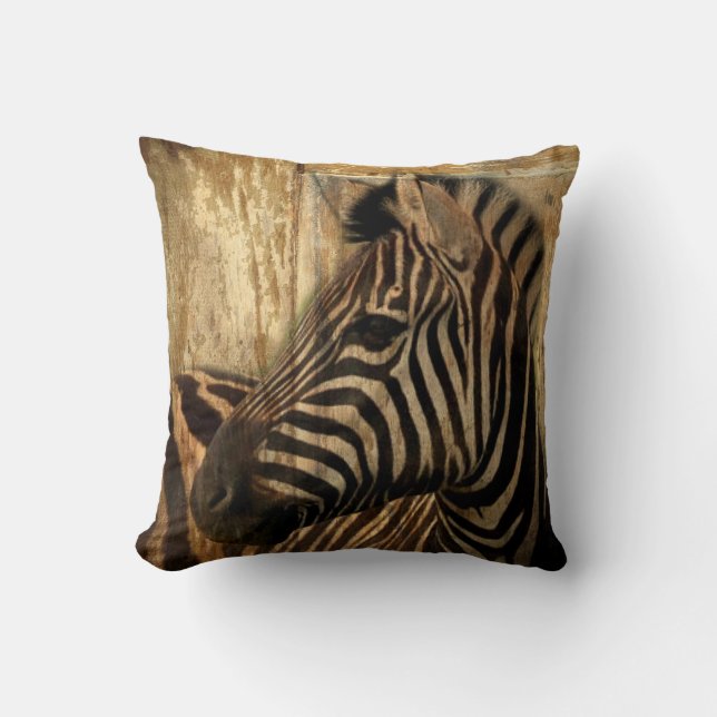 rustic woodgrain Africa safari animal  zebra Cushion (Front)