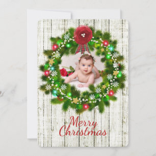 Rustic Woodgrain and Wreath Christmas Photo Card