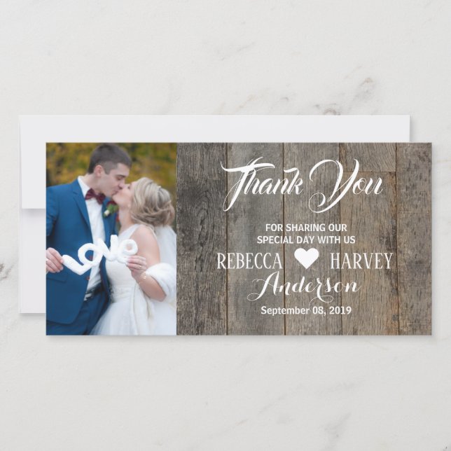 Rustic woodgrain barn wedding thank you (Front)
