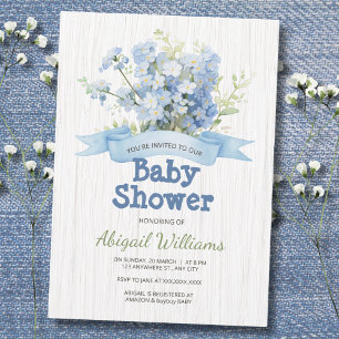 Rustic Woodgrain Blue Floral Baby Shower Invitation
