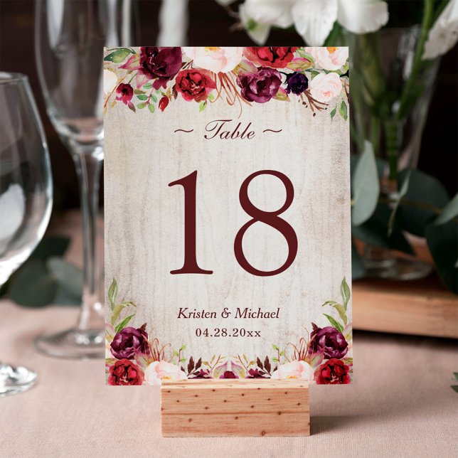 Rustic Woodgrain Burgundy Floral Table Number (Creator Uploaded)