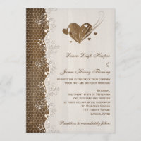 Rustic Woodgrain Floral Lace Hearts Wedding Invite