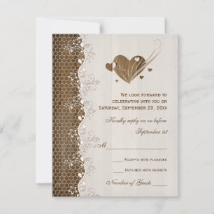Rustic Woodgrain Floral Lace Hearts Wedding RSVP Card