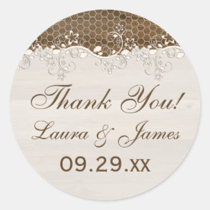Rustic Woodgrain Floral Lace Wedding Favour Sticke Classic Round Sticker