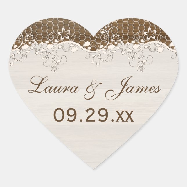 Rustic Woodgrain Floral Lace Wedding Favour Sticke Heart Sticker (Front)