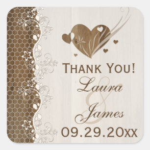 Rustic Woodgrain Floral Lace Wedding Favour Sticke Square Sticker