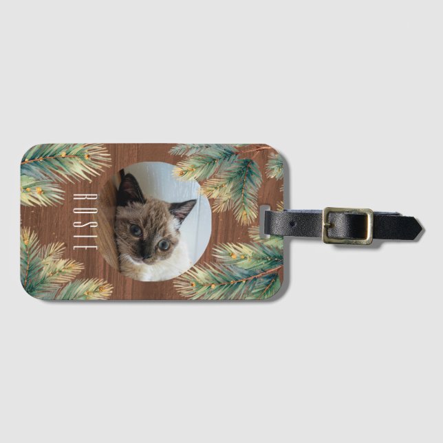 Rustic Woodgrain Green Pine Branch Pet Luggage Tag (Front Horizontal)